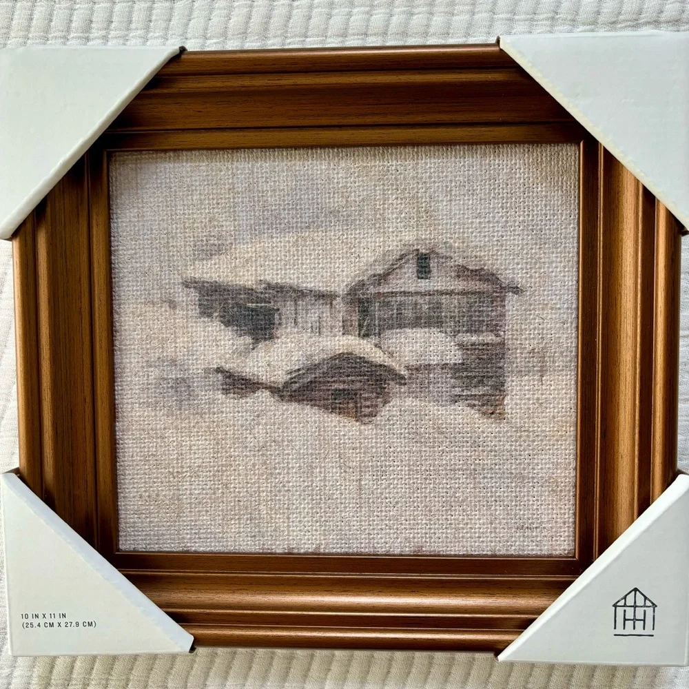 Hearth & Hand with Magnolia 10”x11” Snowy Cabin Burlap Framed Wall Art NWT